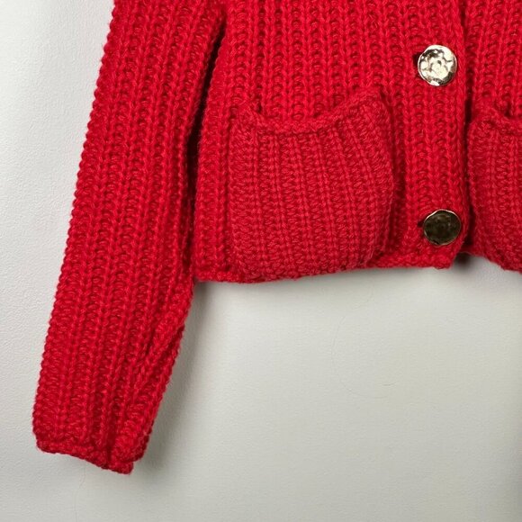 Hand Knit Cropped Large Button Cardigan Red - Picture 4 of 6